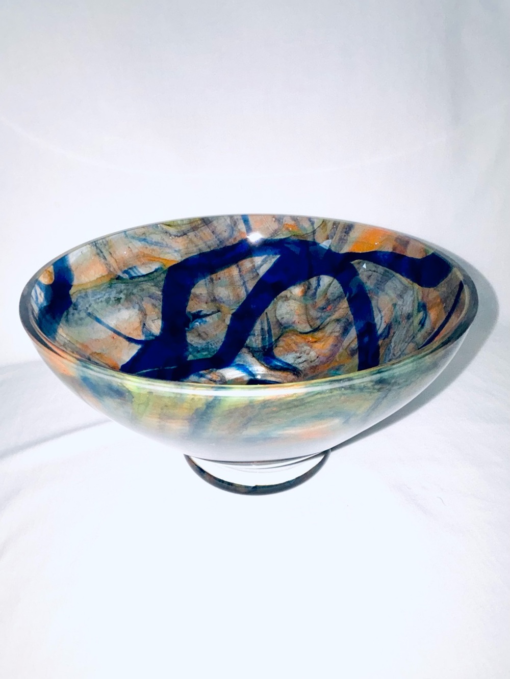 Makora Polish Art Glass Bowl Krosno Poland Cobalt Blue Amber Swirl Marbling